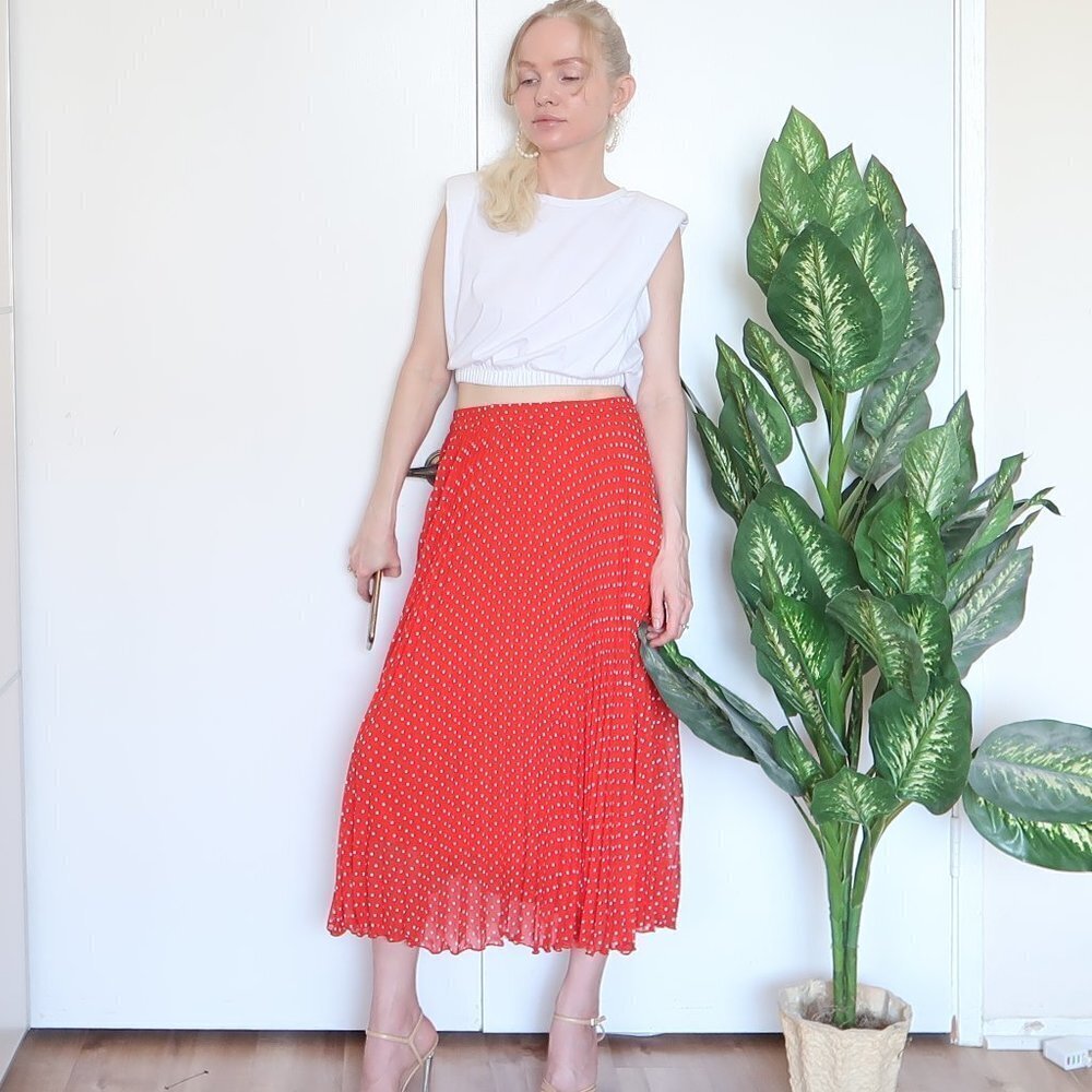 V Christina Red Polka Dot Pleated Maxi Skirt
